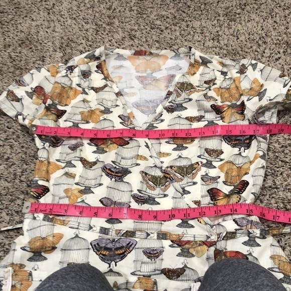 Vintage Apron Dress Size Small Cream Butterfly Bird Cage Print - Picture 7 of 9